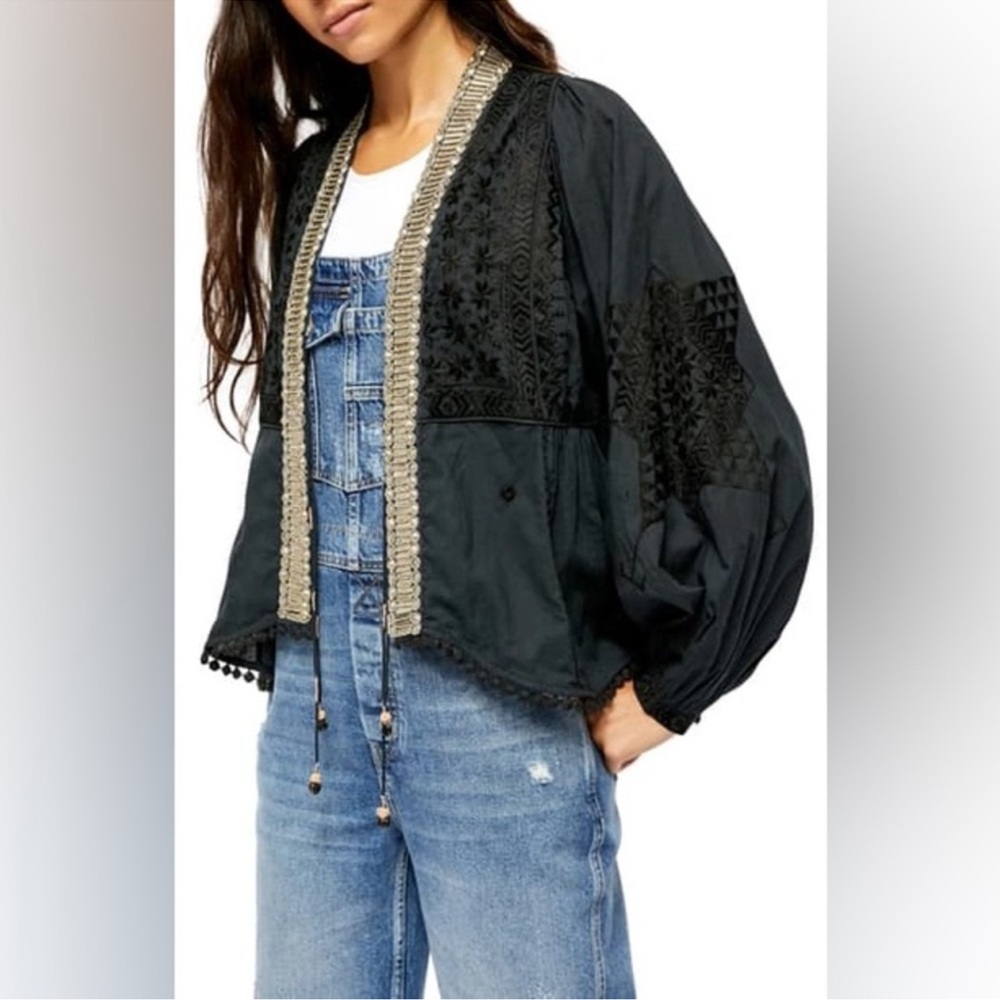 FREE PEOPLE Jasmine Baby Doll Boho Embroidered Lightweight Jacket Medium ~ NWT